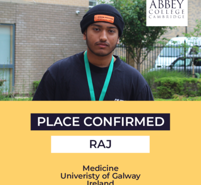 Abbey College Cambridge student Raj's Medicine Place Confirmed