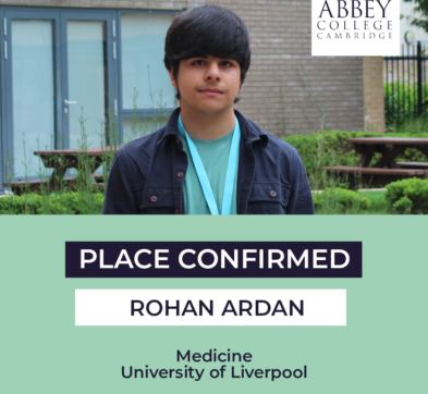 Abbey College Cambridge student Rohan's Medicine Place Confirmed