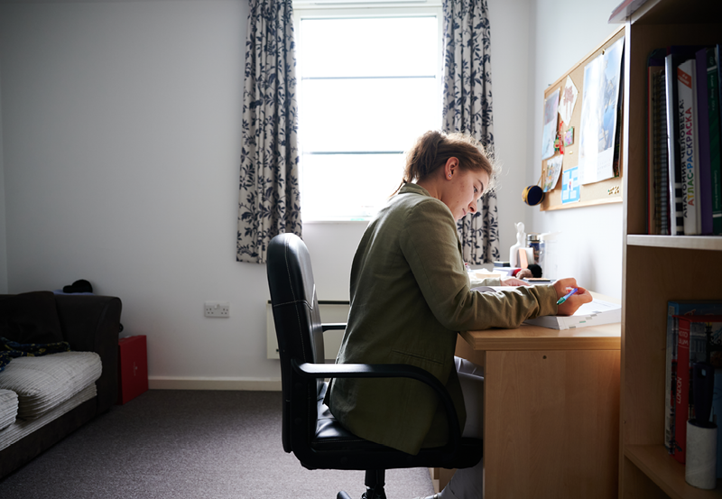 Female Student Working In Boarding Room